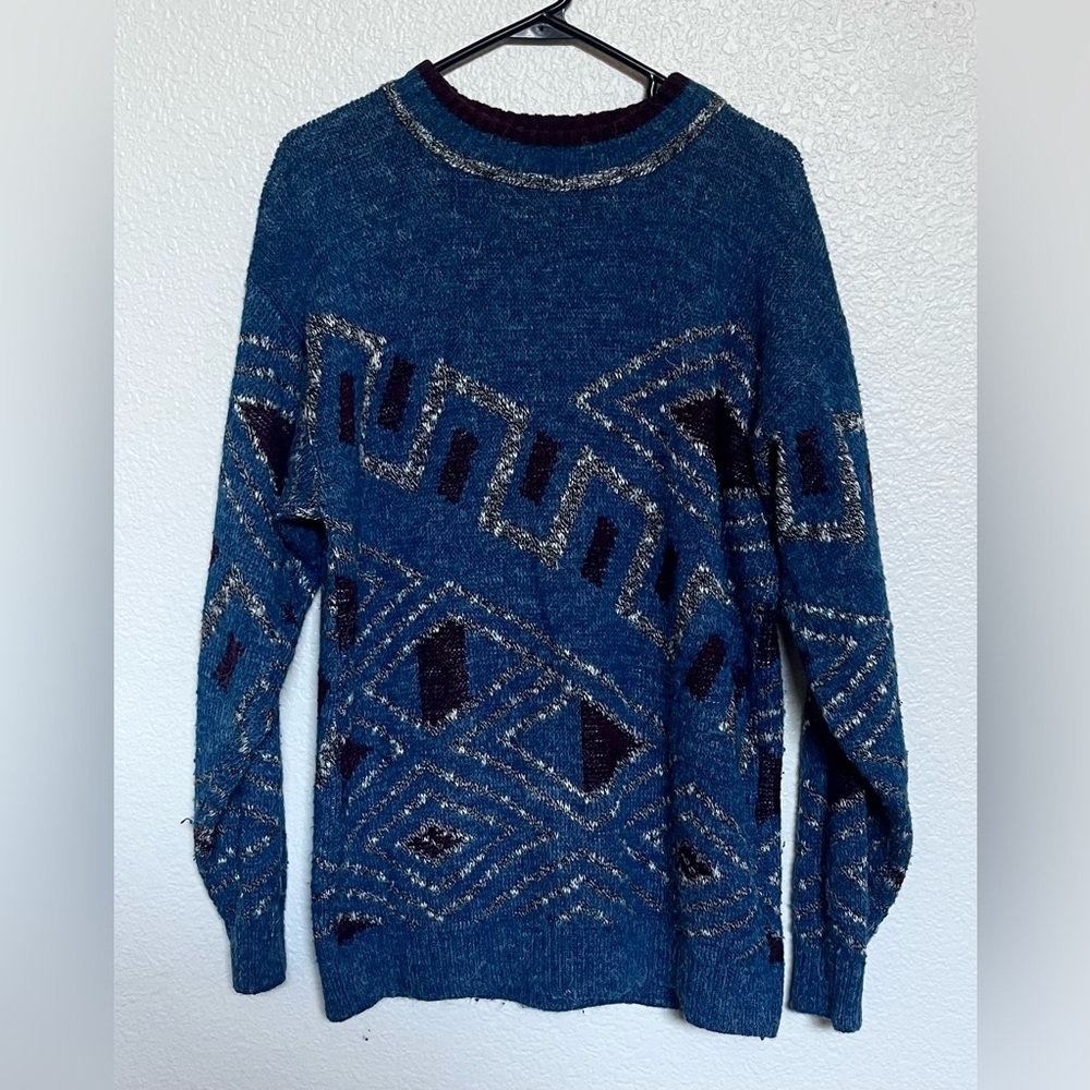 Vintage 1980’s Le Tigre Blue Purple Geometric Jumper Sweater Size Medium USA EUC